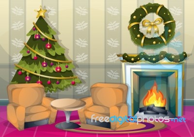 Cartoon  Illustration Interior Christmas Room With Separated Layers Stock Image