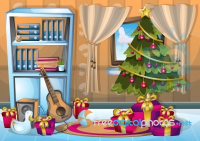 Cartoon  Illustration Interior Christmas Room With Separated Layers Stock Image