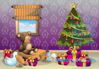 Cartoon  Illustration Interior Christmas Room With Separated Layers Stock Image