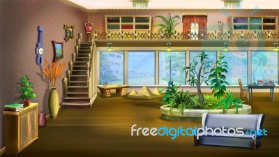 Cartoon Interior Design Of Vintage Living Room Background Stock Image