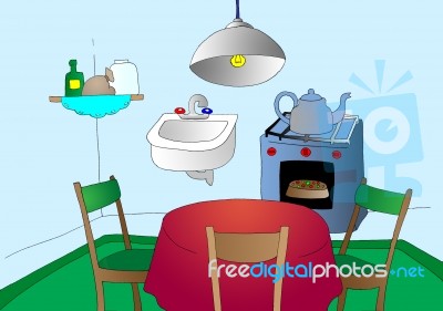 Cartoon Kitchen On Blue Background Stock Image