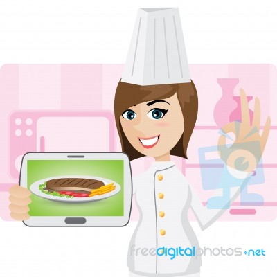 Cartoon Little Chef Showing Menu Steak In Tablet Stock Image