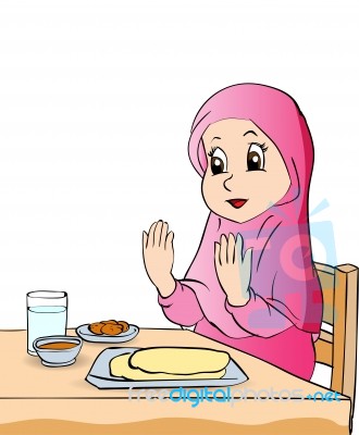 Cartoon Of Girl Pray Before Eating-  Illustration Stock Image