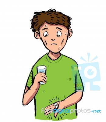 Cartoon Of Man Scared Of A Pill And Capsule.  Clipart Illu Stock Image