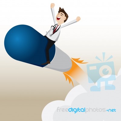 Cartoon Pharmacist Riding Capsule Missile Stock Image