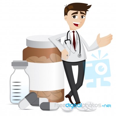 Cartoon Pharmacist With Medicine Pills And Bottle Stock Image