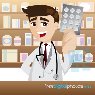 Cartoon Pharmacist With Pack Of Medicine Stock Image