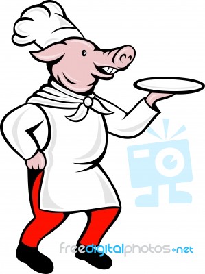 Cartoon Pig Chef Cook Baker Serving Platter Stock Image