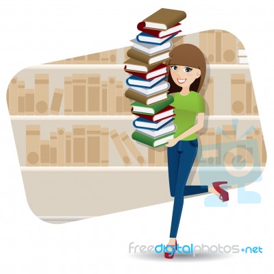 Cartoon Smart Girl Carrying Pile Of Book In Library Stock Image