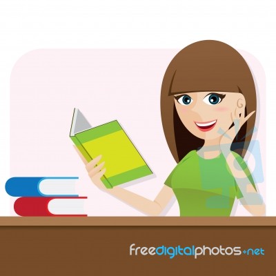 Cartoon Smart Girl Reading Book On Table Stock Image