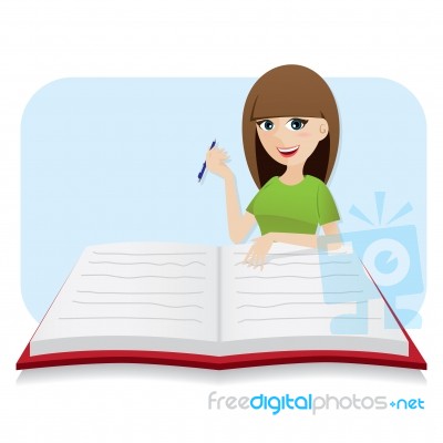 Cartoon Smart Girl Writing Big Diary Stock Image