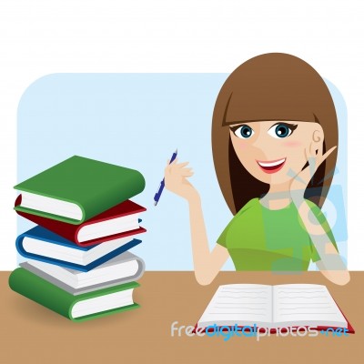 Cartoon Smart Girl Writing Book On Table Stock Image