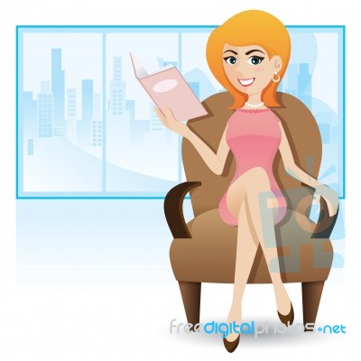 Cartoon Smart Woman Sitting On Sofa And Reading Magazine Stock Image