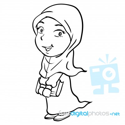 Cartoon Smiley Muslim Girl Holding Book- Drawn Stock Image