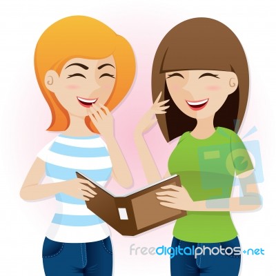 Cartoon Teenage Girls Laughing With Magazine Stock Image