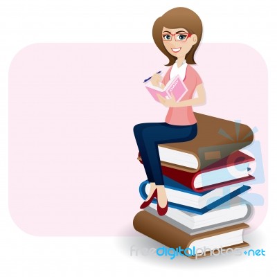 Cartoon Woman Writing Diary On Stack Of Book Stock Image