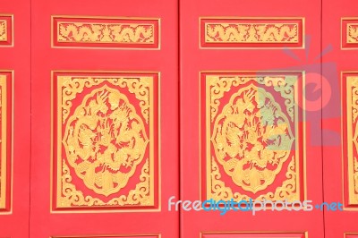 Carved Of Chinese Red Window In Temple Stock Photo