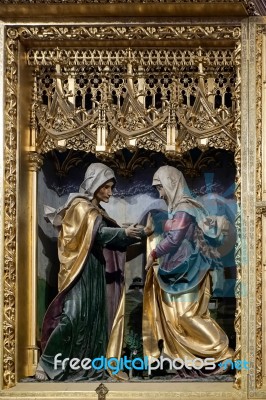 Carving Of Two Women Set In A Gold Frame In St Vitus Cathedral I… Stock Photo