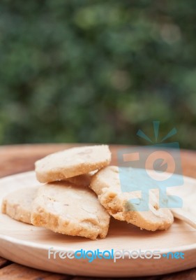 Cashew Cookies On Wooden Plate Stock Photo