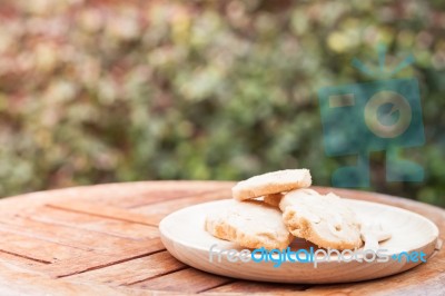 Cashew Cookies On Wooden Plate Stock Photo