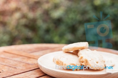 Cashew Cookies On Wooden Plate Stock Photo