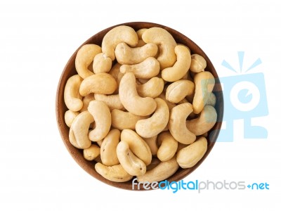 Cashew Nut In Wooden Bowl Isolated On White Stock Photo