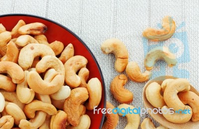 Cashew Salt Roasted On Tablecloth Stock Photo