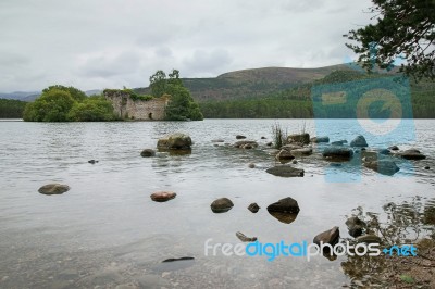 Castle In The Middle Of Loch An Eilein Near Aviemore Scotland Stock Photo