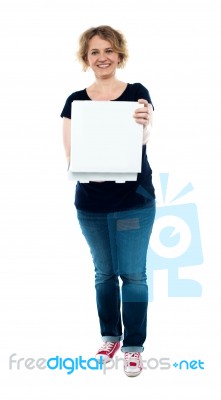 Casual Lady Holding Open Pizza Box Stock Photo