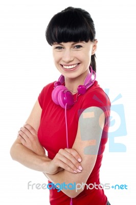 Casual Music Geek Girl Posing With Confidence Stock Photo