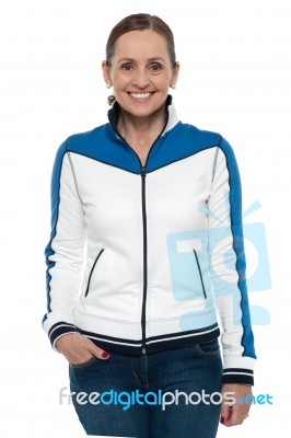 Casual Portrait Of A Middle Aged Woman Wearing Jacket Stock Photo