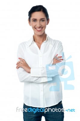 Casual Trendy Woman Posing Smilingly Stock Photo