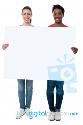 Casual Women Holding Blank Whiteboard Stock Photo