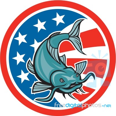 Catfish Swimming American Flag Circle Cartoon Stock Image