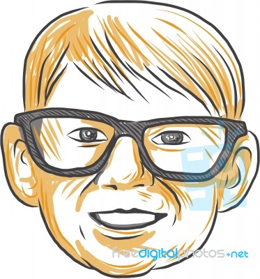 Caucasian Boy Glasses Head Smiling Drawing Stock Image