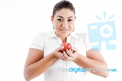 Caucasian Lady Holding An Apple Stock Photo