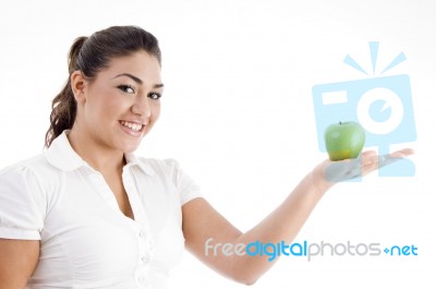 Caucasian Lady Posing With Apple Stock Photo