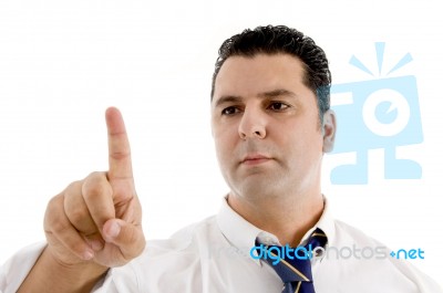 Caucasian Man Looking His Finger Stock Photo