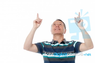 Caucasian Man Pointing Up His Fingers Stock Photo