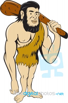 Caveman Neanderthal Man Holding Club Cartoon Stock Image