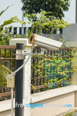 Cctv Camera In Front Of The Village, Residence Stock Photo