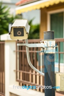 Cctv Camera In Front Of The Village, Residence Stock Photo