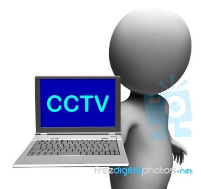 Cctv Laptop Shows Monitored Protection Or Monitoring Online Stock Image