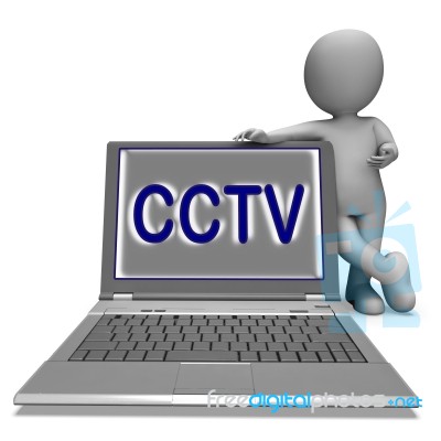 Cctv Laptop Shows Surveillance Protection Or Monitoring Online Stock Image