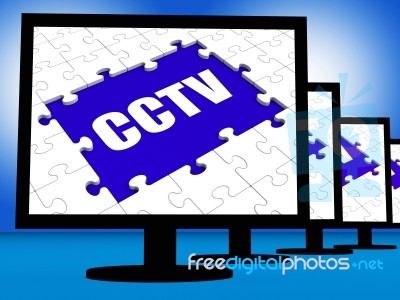 Cctv Monitor Shows Security Surveillance Protection Or Monitorin… Stock Image