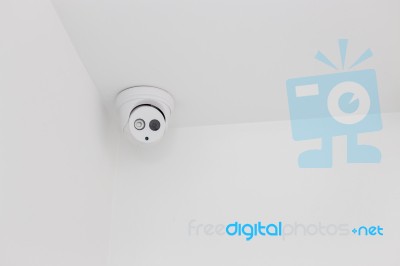 Ceiling Corner Of White Security Camera Stock Photo