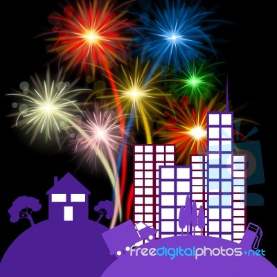 Celebration City Shows Night Sky And Buildings Stock Image