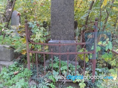 Cemetery Architecture, Monuments, Tombstones And Graves Stock Photo