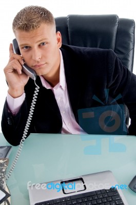 Ceo Talking Over Phone With Laptop Stock Photo