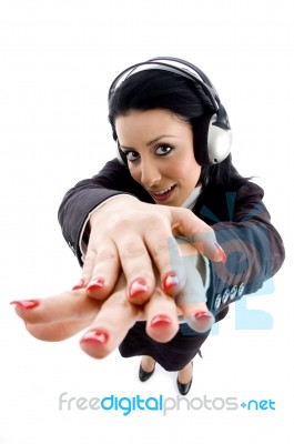 Ceo With Headphone Showing Hand Gesture Stock Photo